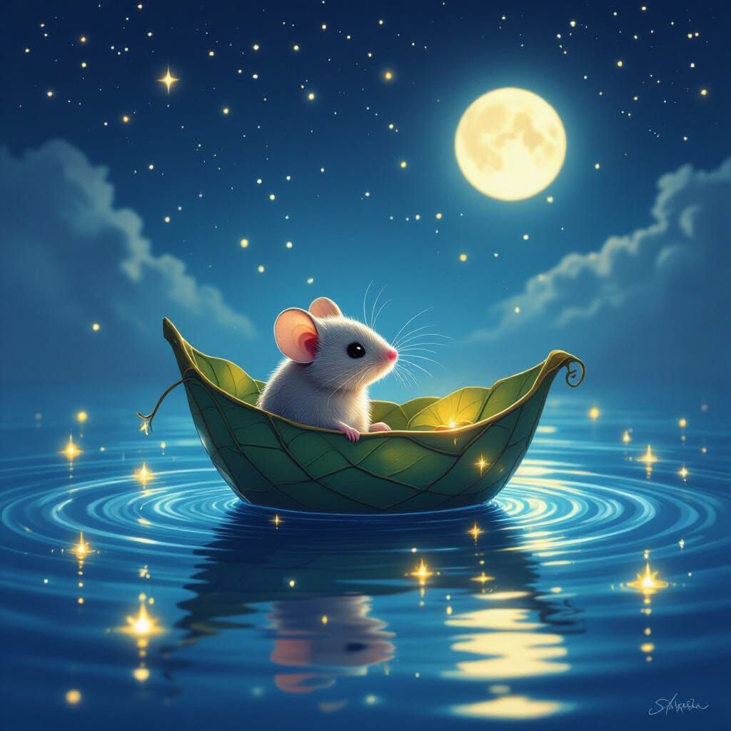 Mouse on Leaf Boat in Moonlit Teacup Ocean