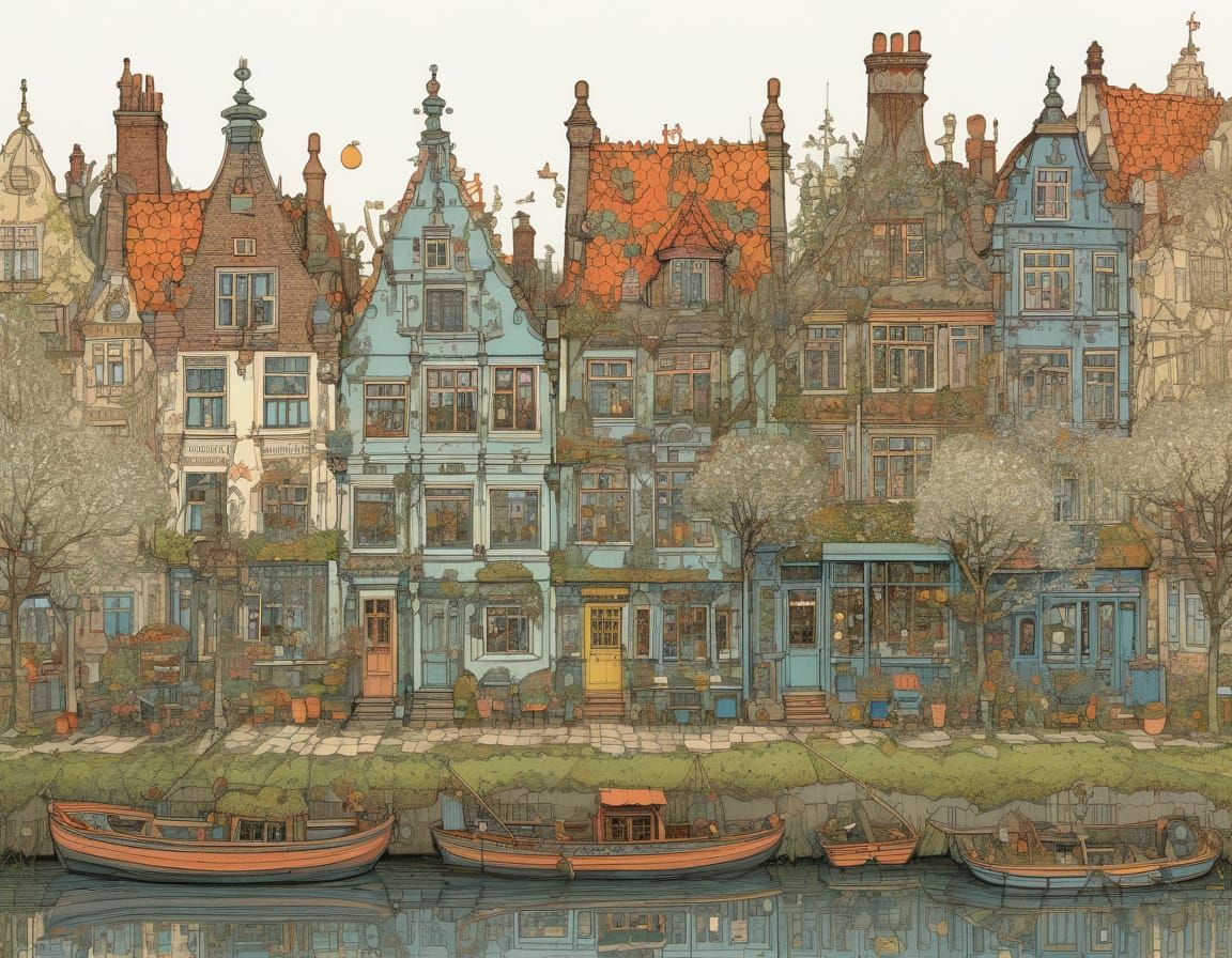 Charming Row of Dutch Houses in Spring Evening Light