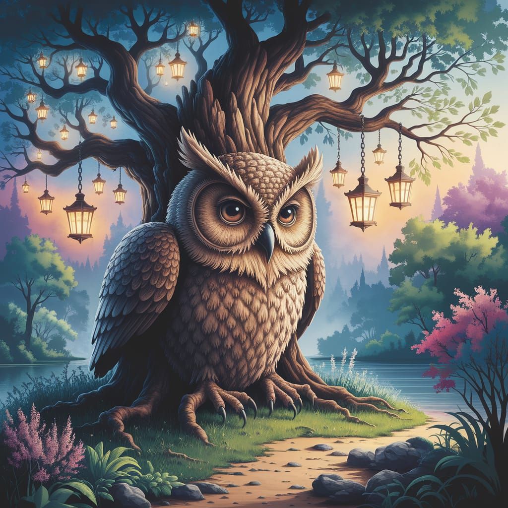 Ancient Tree Guardian in Whimsical Watercolor