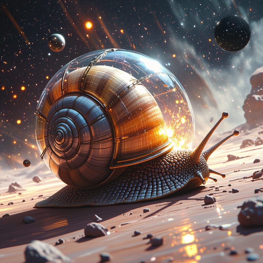Steampunk Snail with Cosmic Shell in Retrofuturistic Style