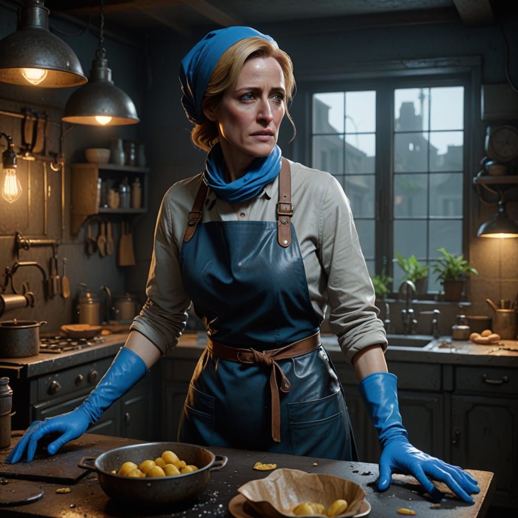 Gillian Anderson as a Tired Charwoman in Heavy Rubber Attire