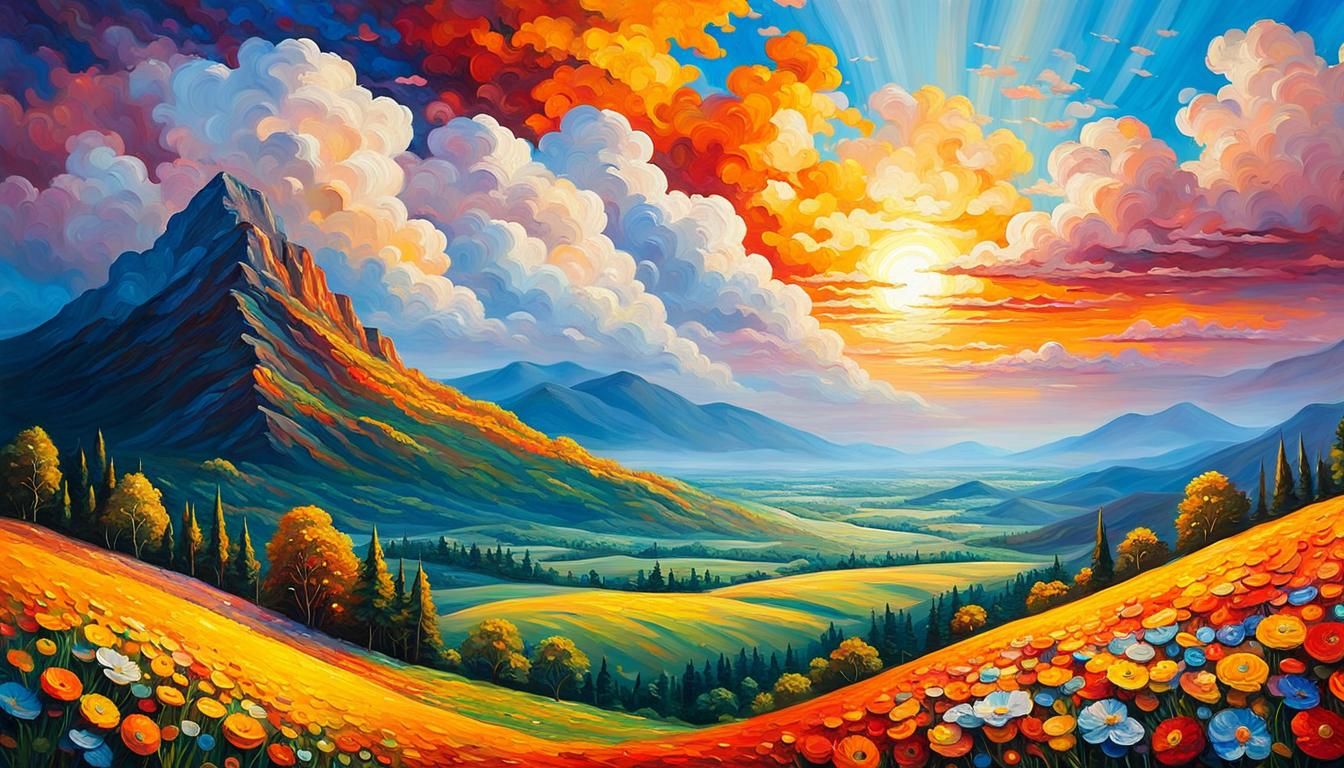 Sunlit Landscape Painting with Impasto Texture