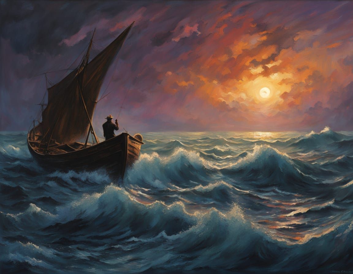 Epic Seascape: Fisherman and Marlin in Romantic Style