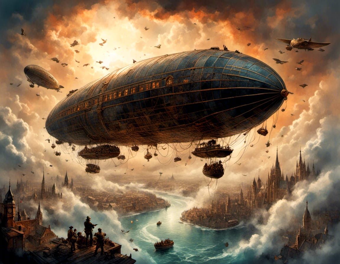 World War I Zeppelin Breaks Through Clouds in Comic Book Art