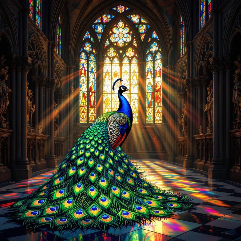Stained Glass Peacock in Gothic Cathedral
