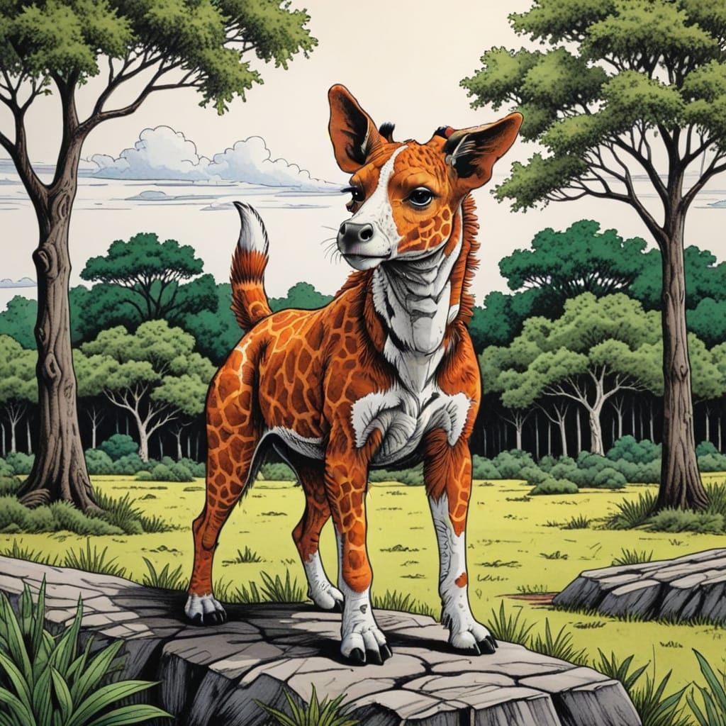 Giraffe-Patterned Dog Creature on the Savannah