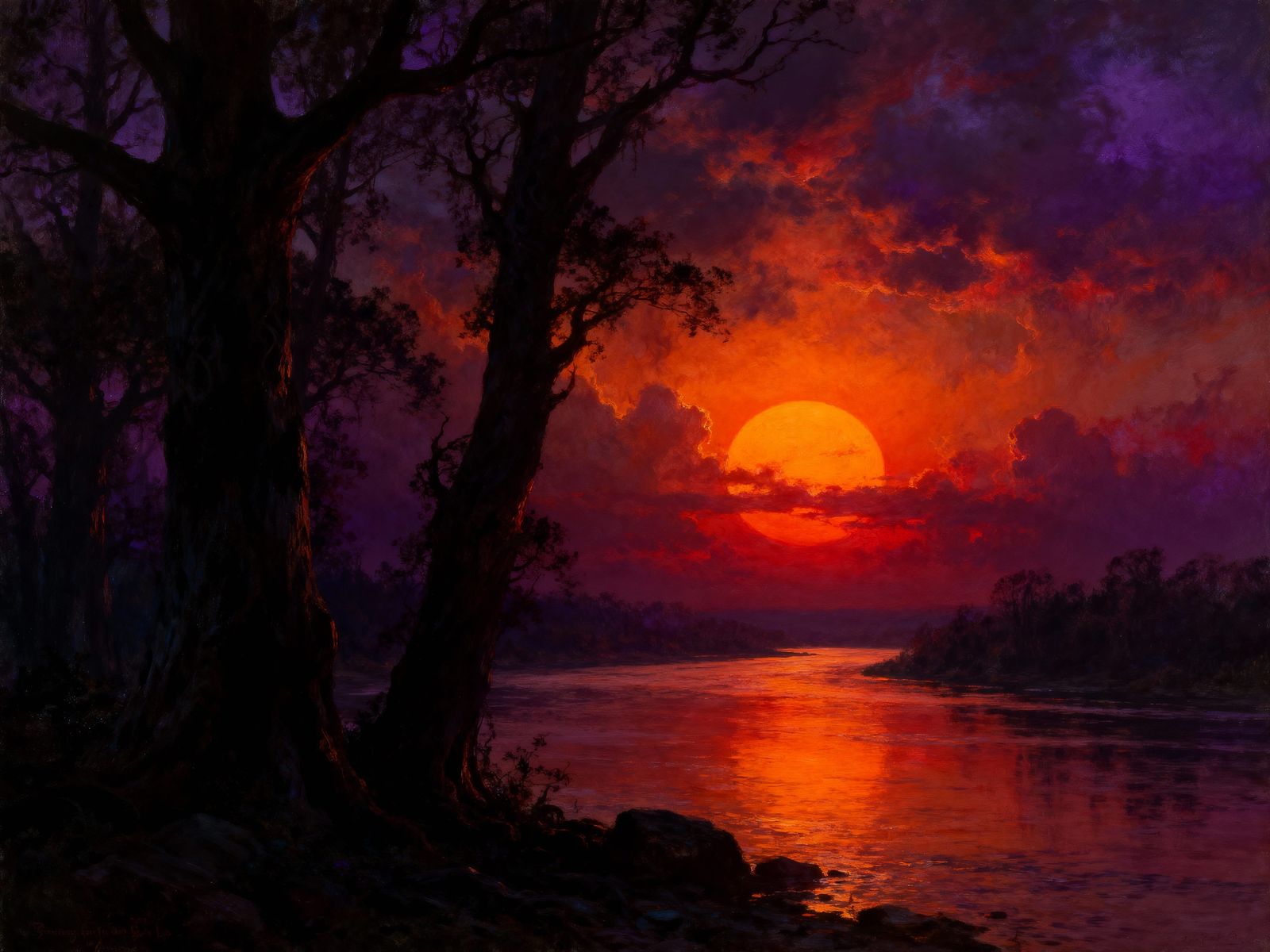Dramatic Sunset Over River in Dark Fantasy Art Style