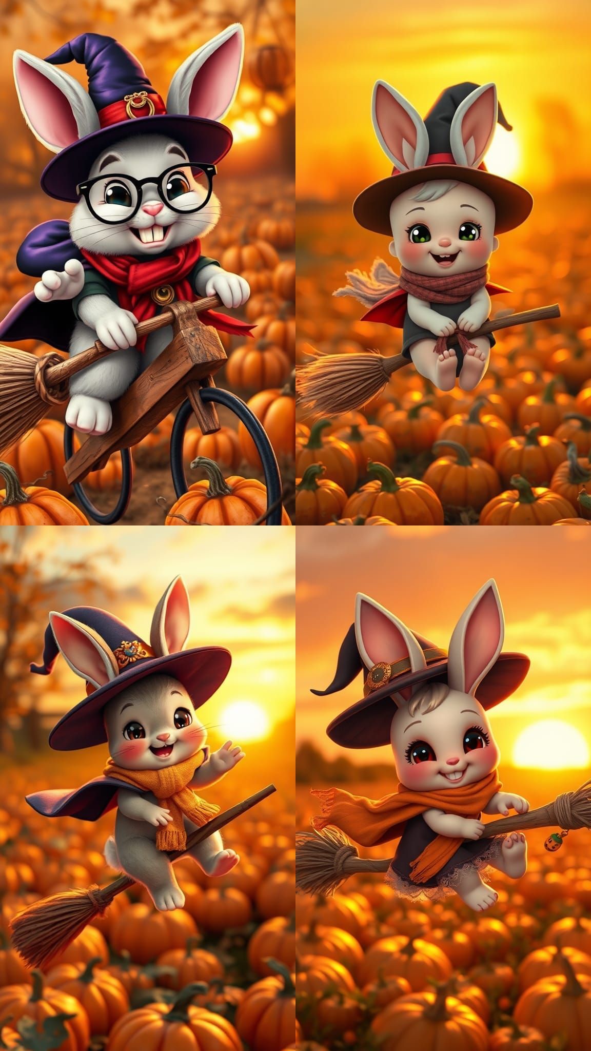 Cartoon Witch Bunny Flying Over Autumn Pumpkin Patch