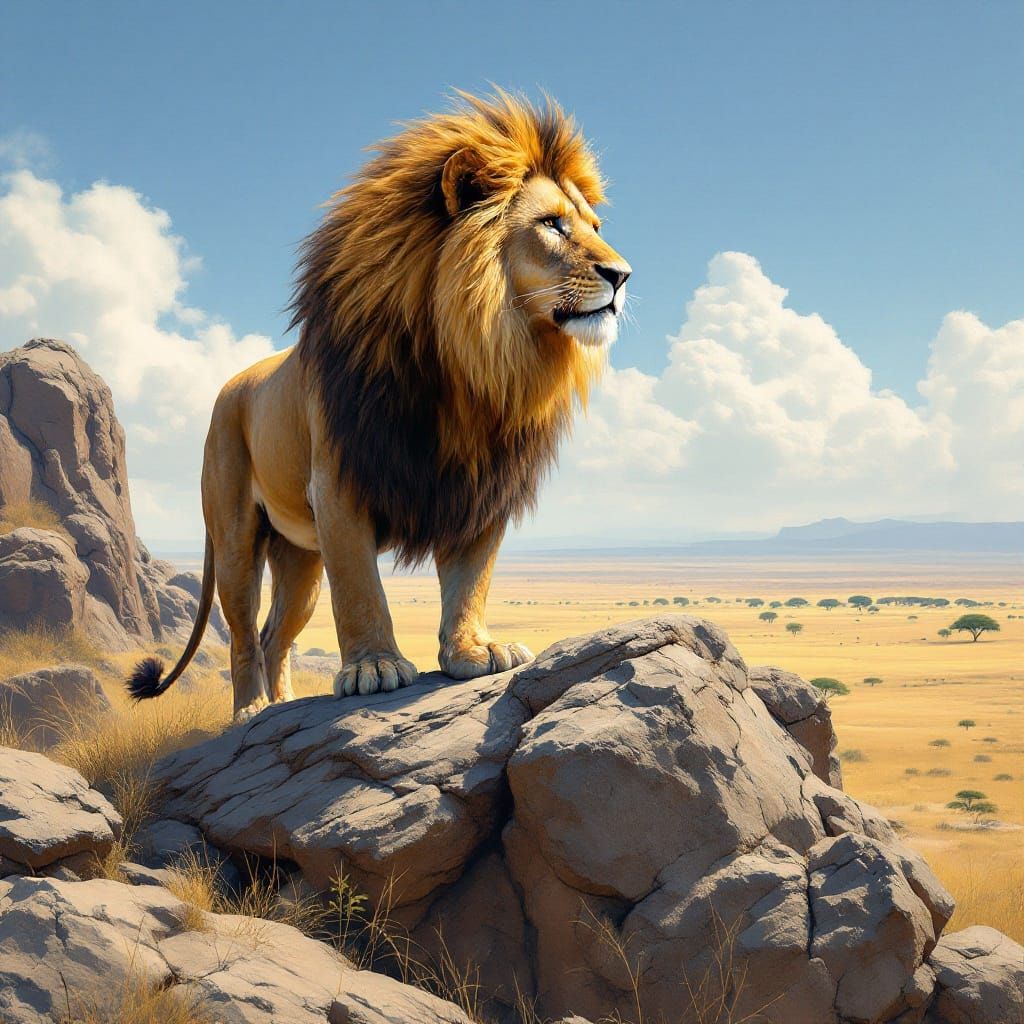 Majestic Lion Overlooking African Savanna
