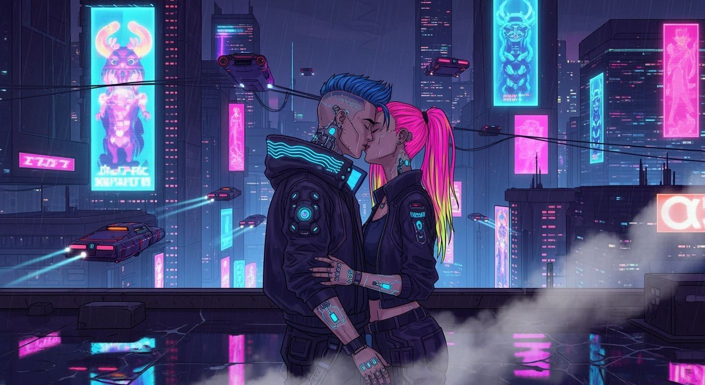 Cyberpunk Rooftop Kiss in a Neon Cityscape