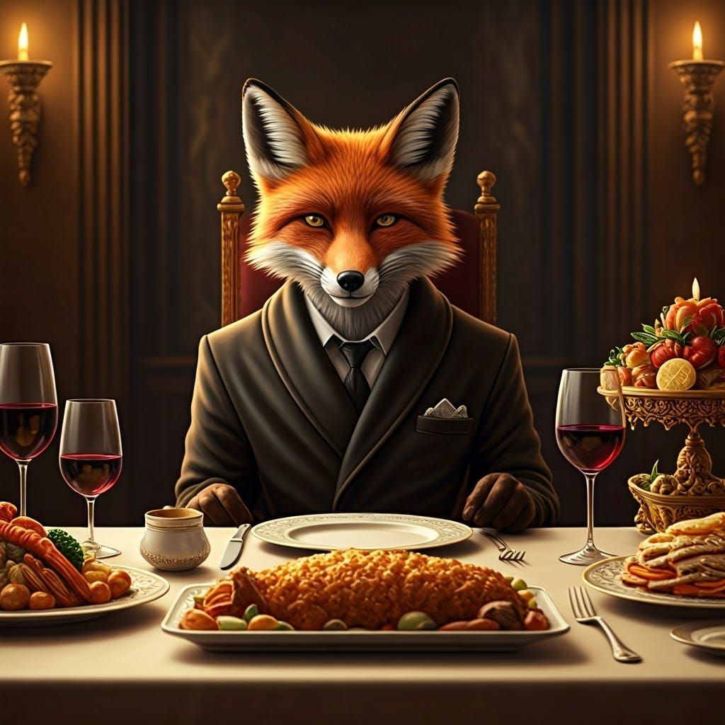 Elegant Fox in Smoking Jacket at a Luxurious Dinner