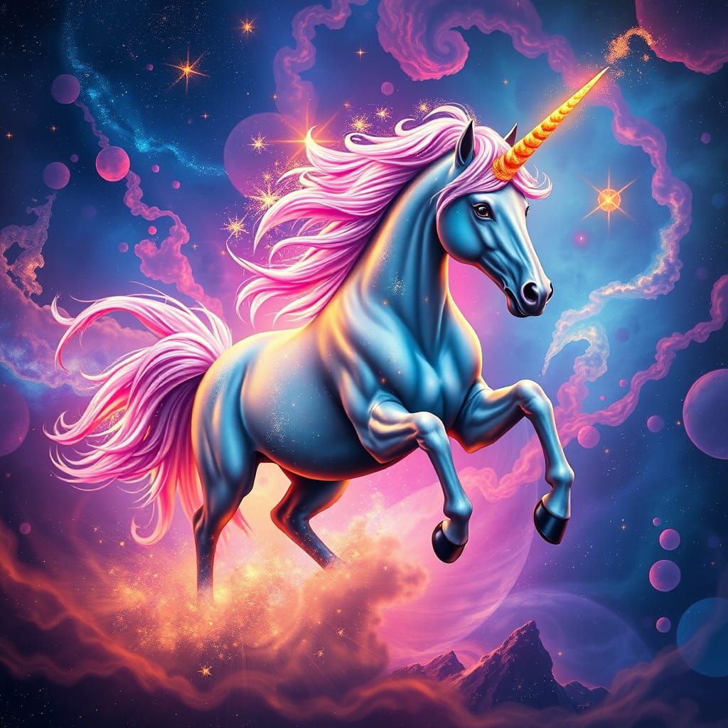 Unicorn Galloping Through Nebula with Stardust Mane