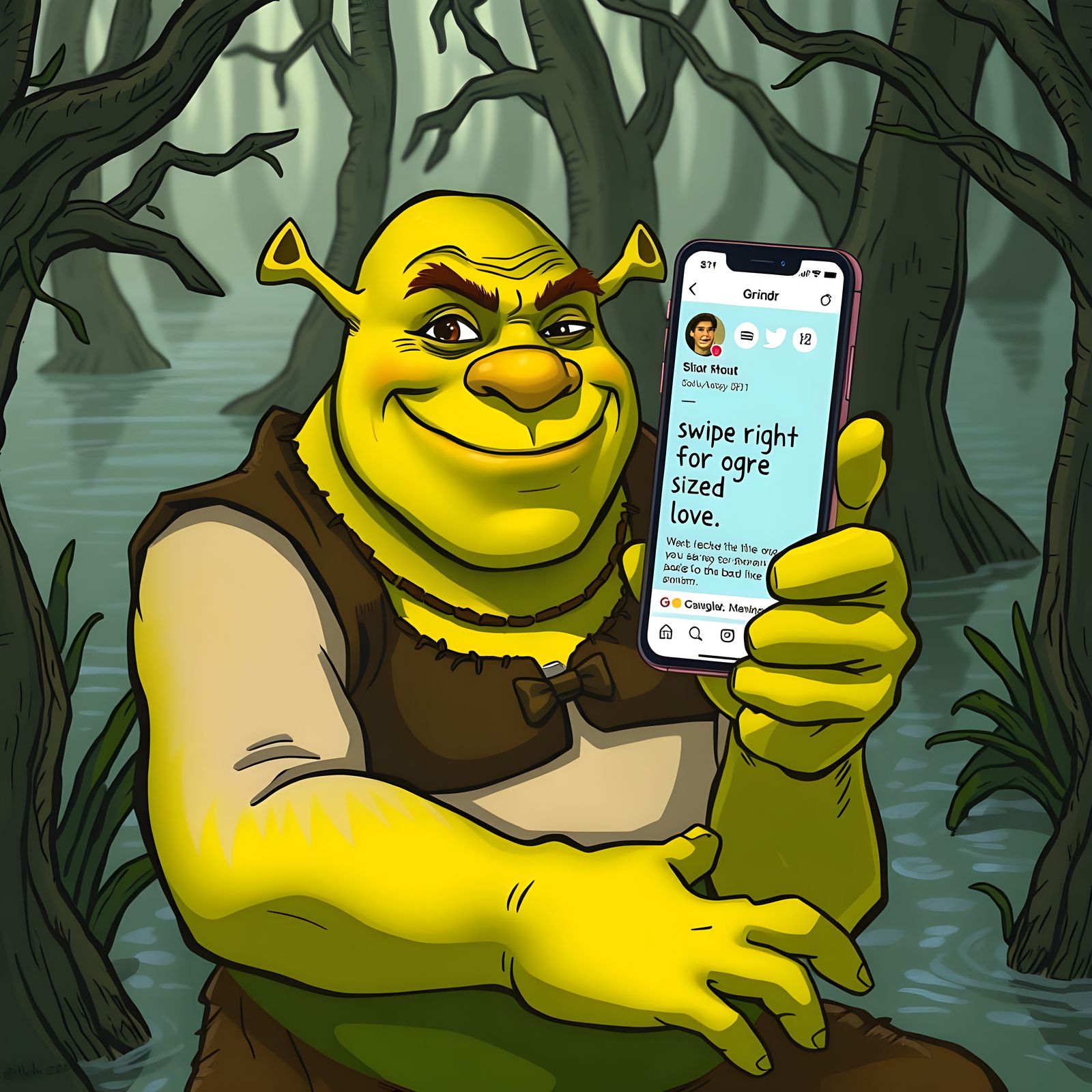 Shrek's Swampy Grindr Profile in Whimsical Digital Art