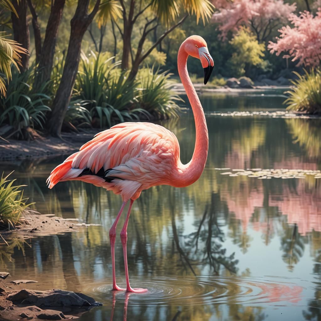 Flamingo by a Lake in Charcoal and Watercolor Style