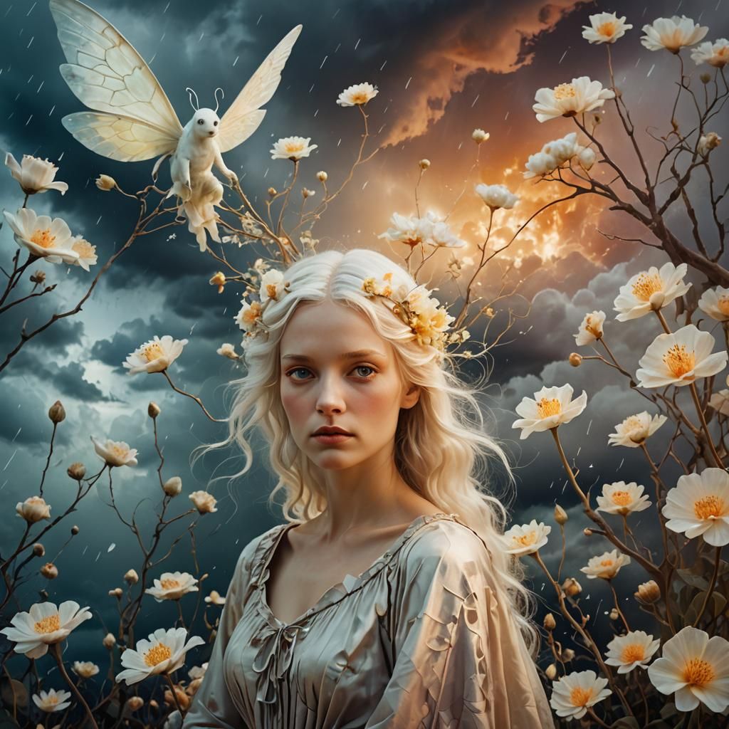 Surreal Fairy in Stormy Sky: Dreamlike Infrared Art