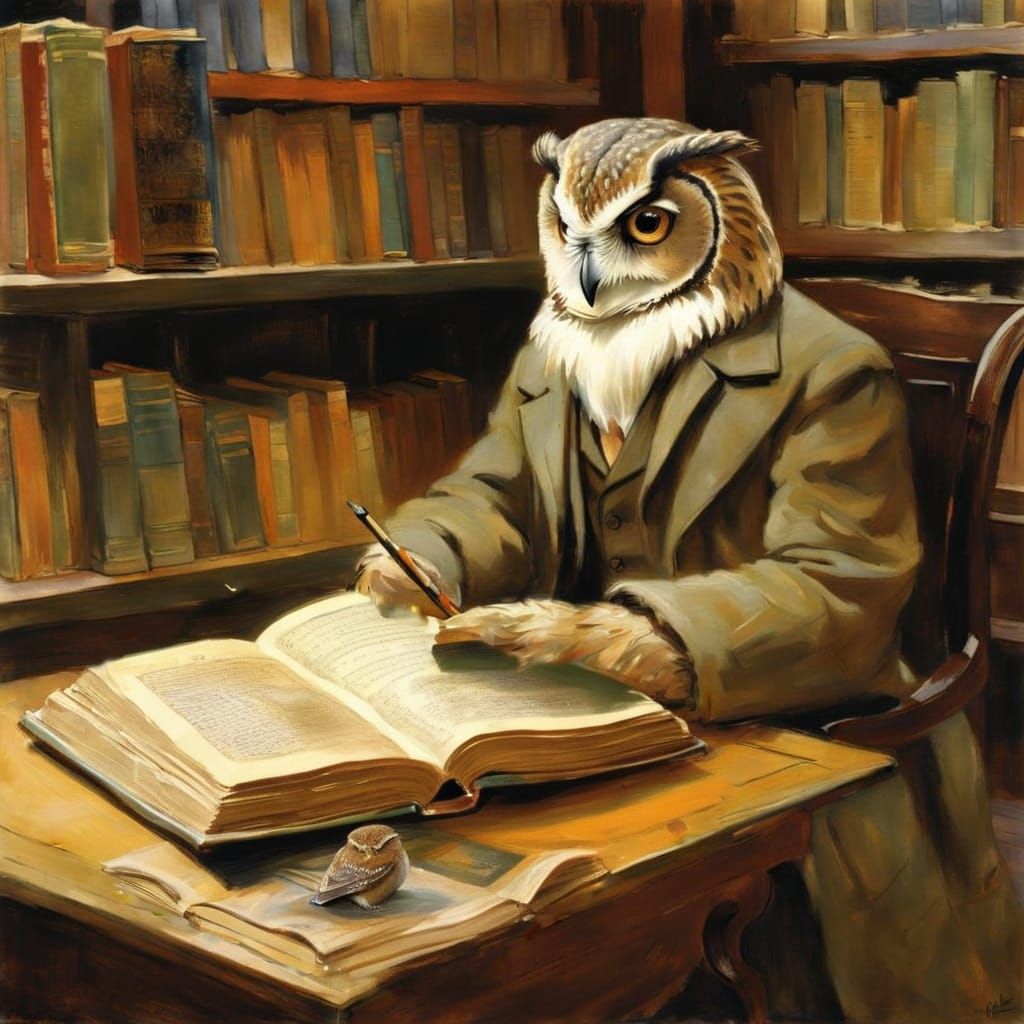 Wise Owl Librarian Reading in Warm Light