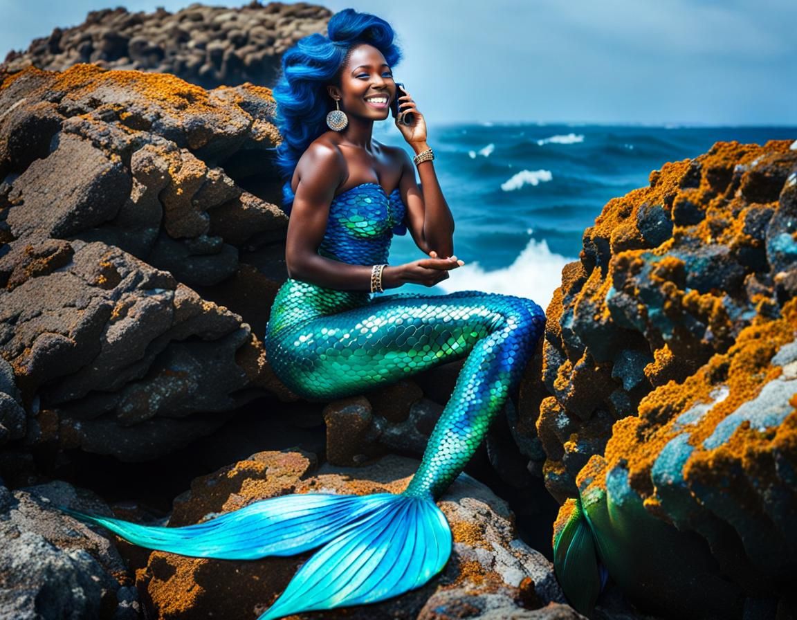 Nigerian Mermaid Lounging with Smartphone, Photorealistic 8K