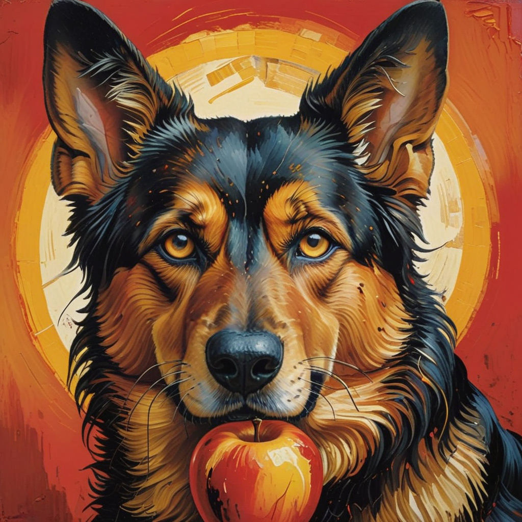 A Picture an apple with the inside of a German Shepherd's fa...