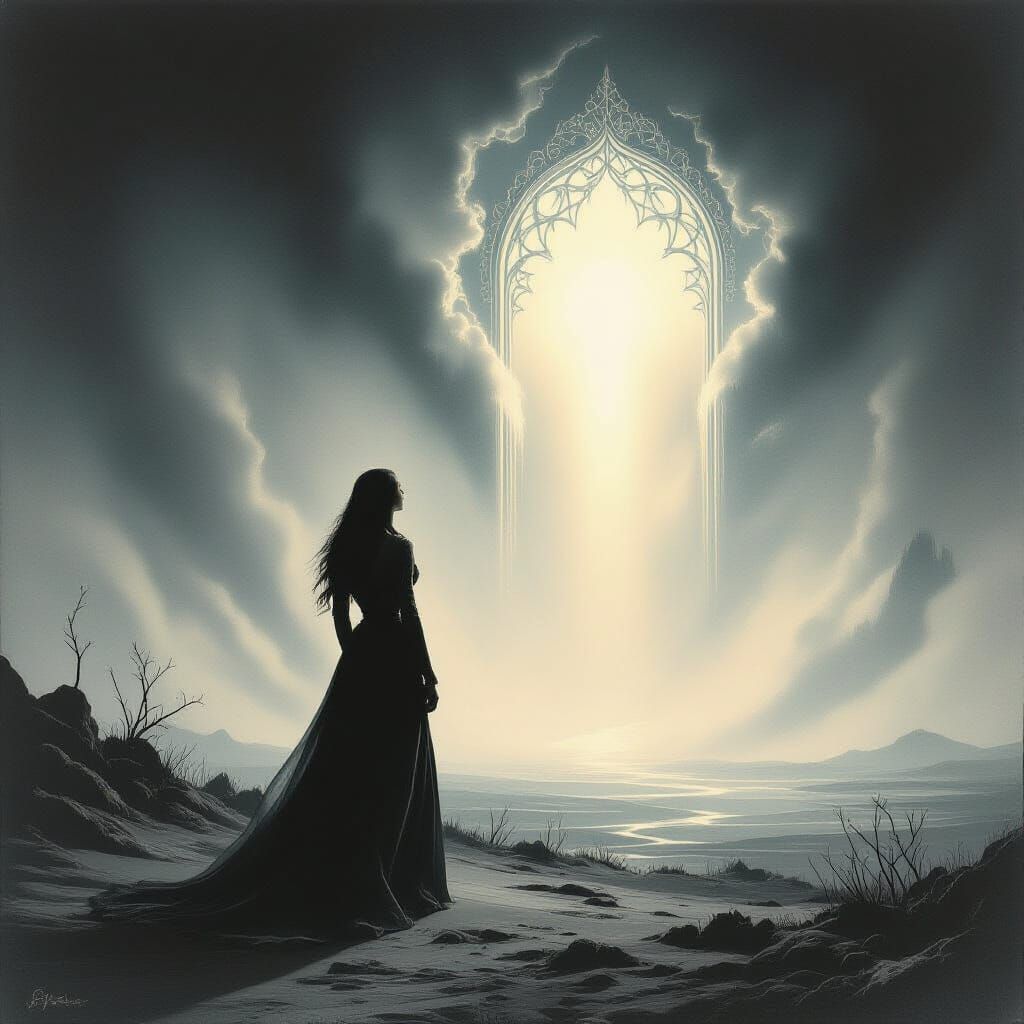 Woman Gazing at Heavenly Gateway in Ethereal Light