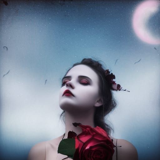 Eerie Gothic Portrait of Sad Woman with Roses