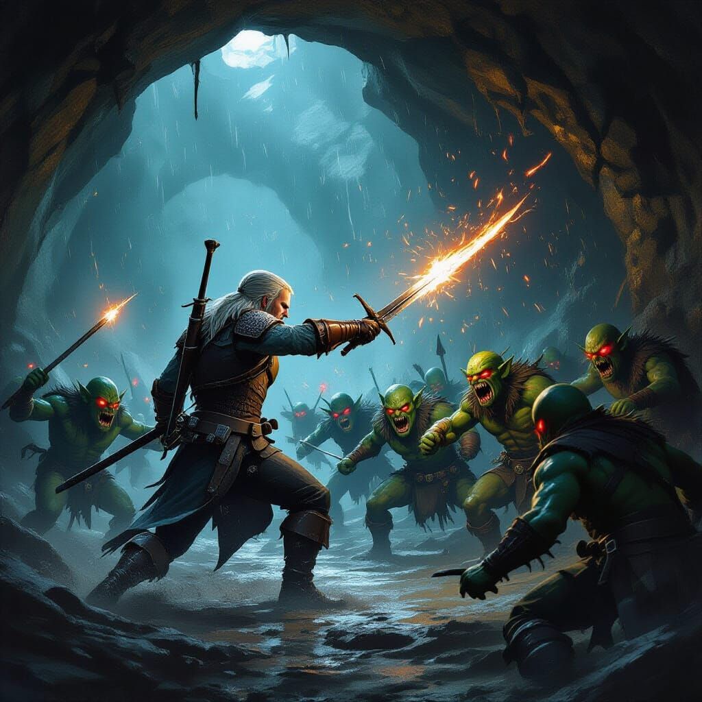 Witcher-Inspired Slayer Fights Goblins in Rainy Cave