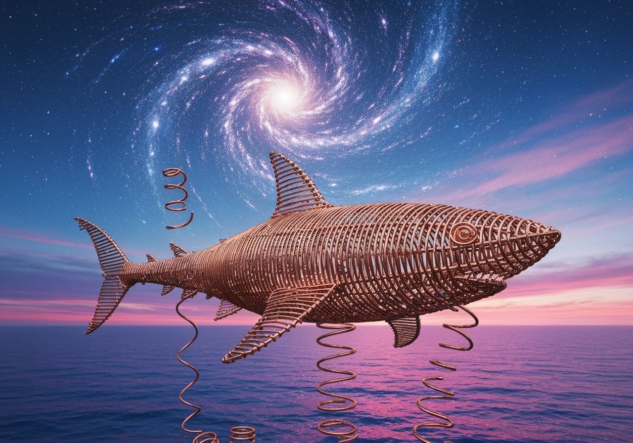 Copper Wire Shark Sculpture in Cosmic Twilight