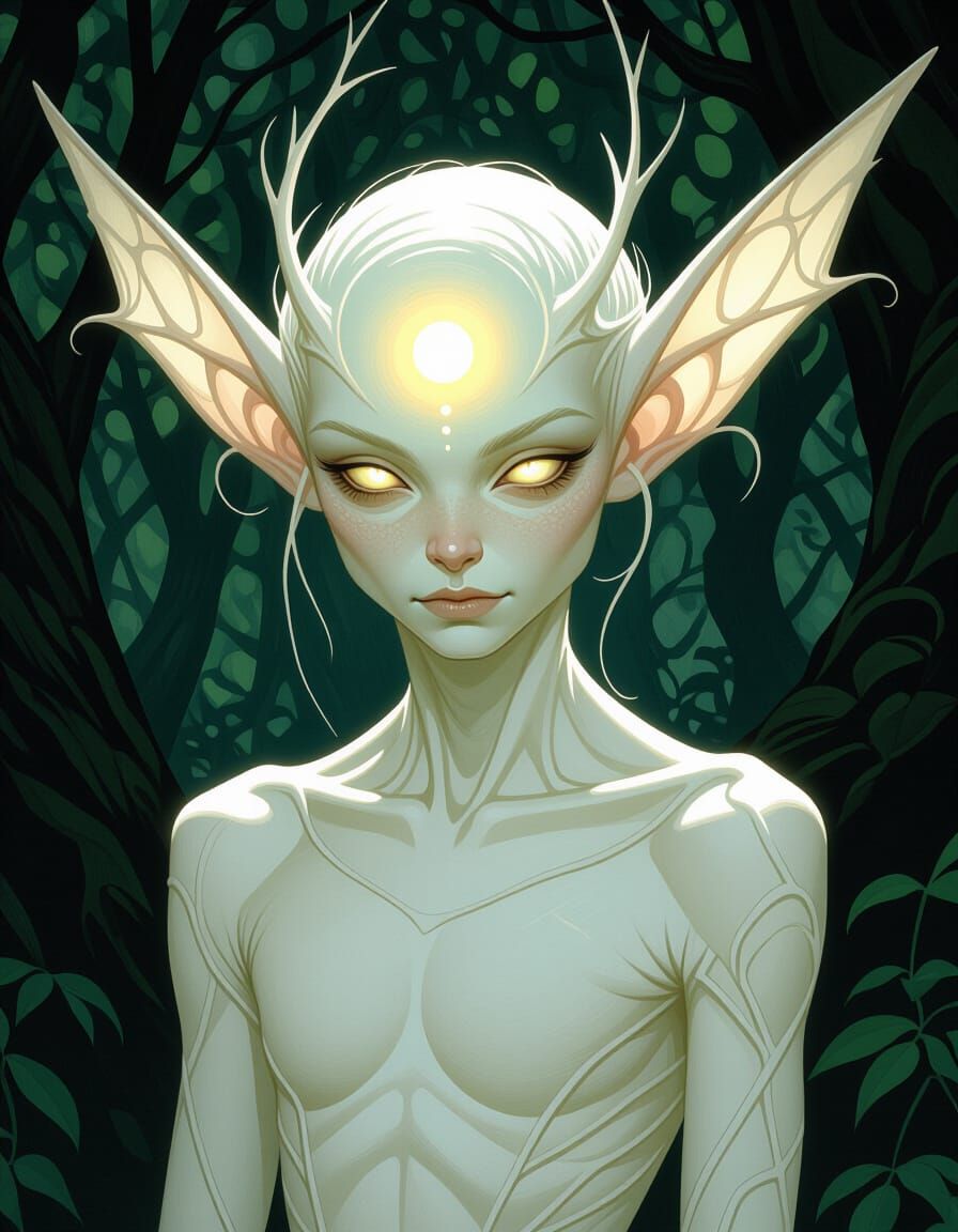 Fae Creature with Glowing Forehead Dot in Moody Lighting