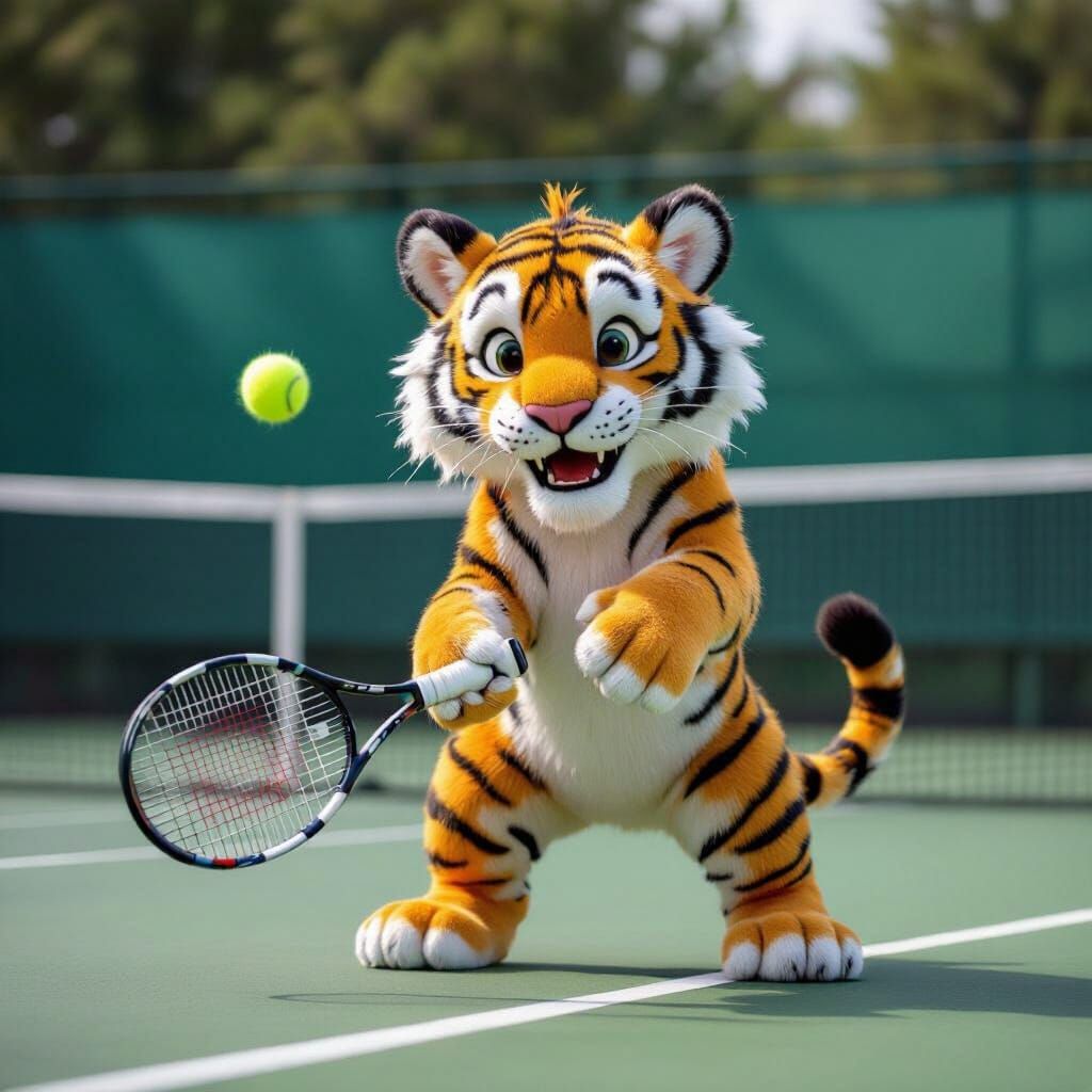 Cartoon Tiger Playing Tennis at the Club