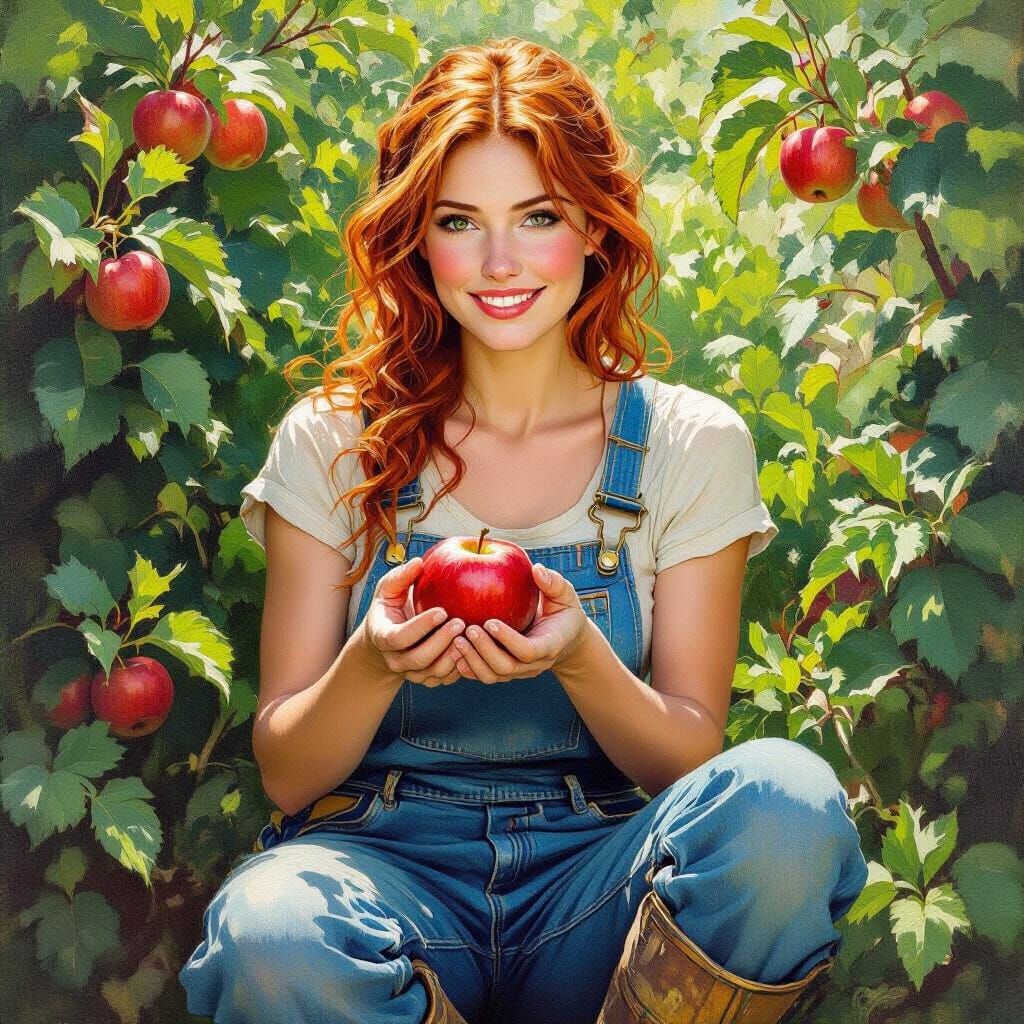 Impressionistic Red-Haired Gardener with Apple