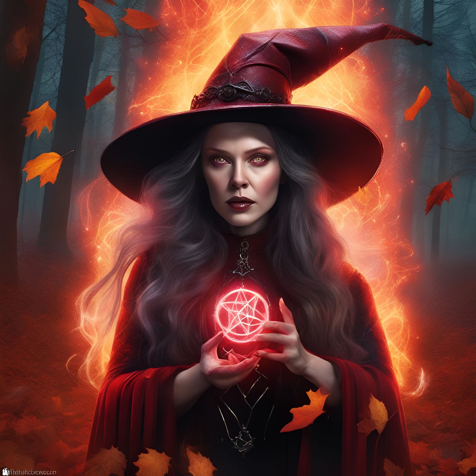 Ominous Autumn Witch Casting Magic in Forest