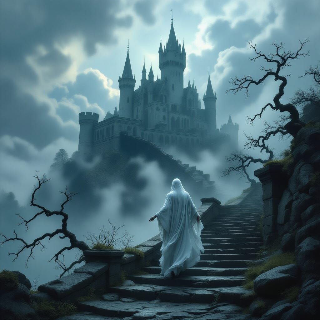 Willowy figure walking the stairs to a foreboding castle