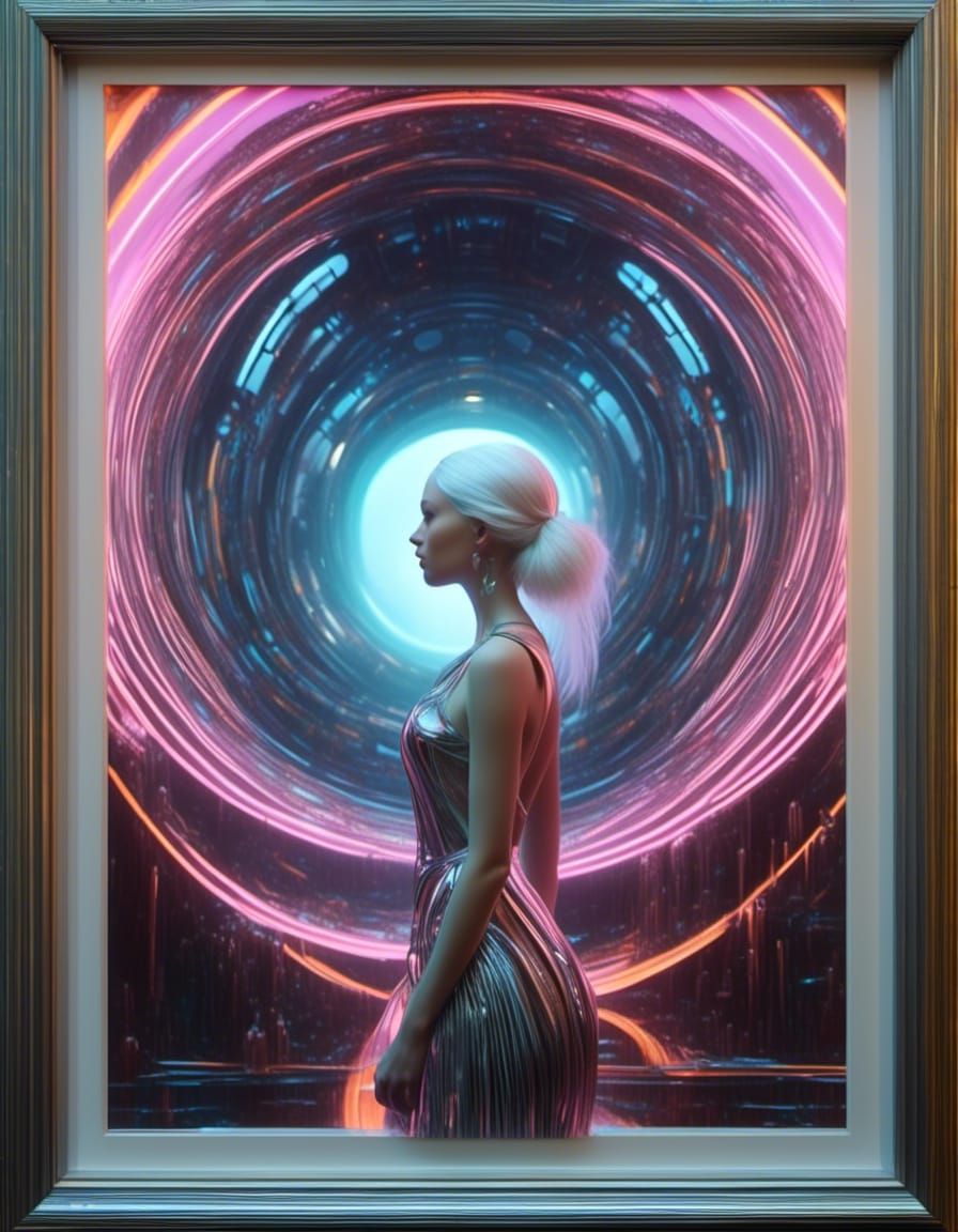 Futuristic Woman Before Vermeer Painting, in Cyberpunk Style