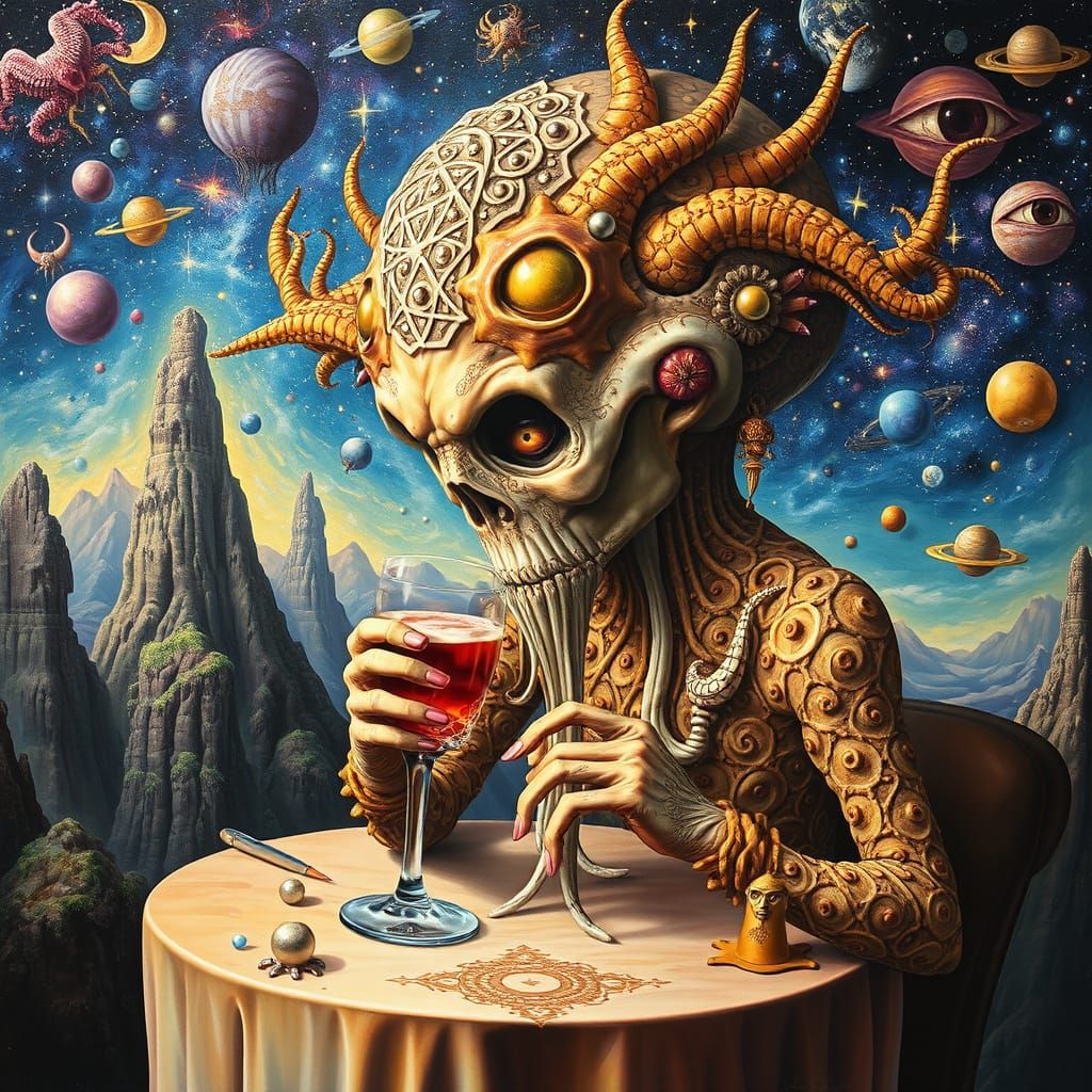 Psychedelic Utopia: Melting Galaxy Cafe in Oil Painting Styl...