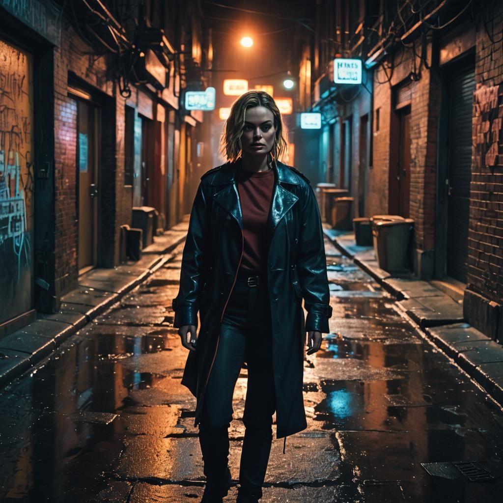 Margot Robbie in a Gritty Film Noir Scene