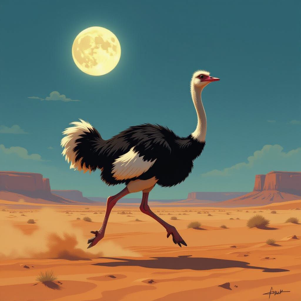 Ostrich Runs Across Desert Landscape Under Moonlight