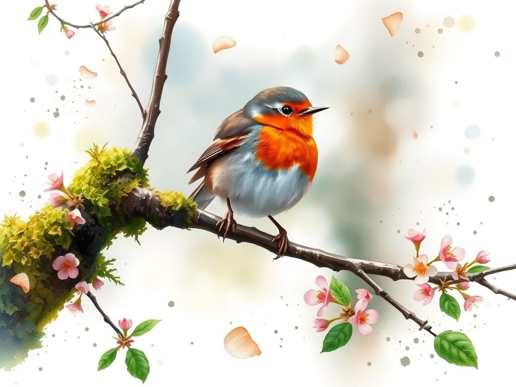 Robin on Birch Branch in Spring: Watercolour Painting