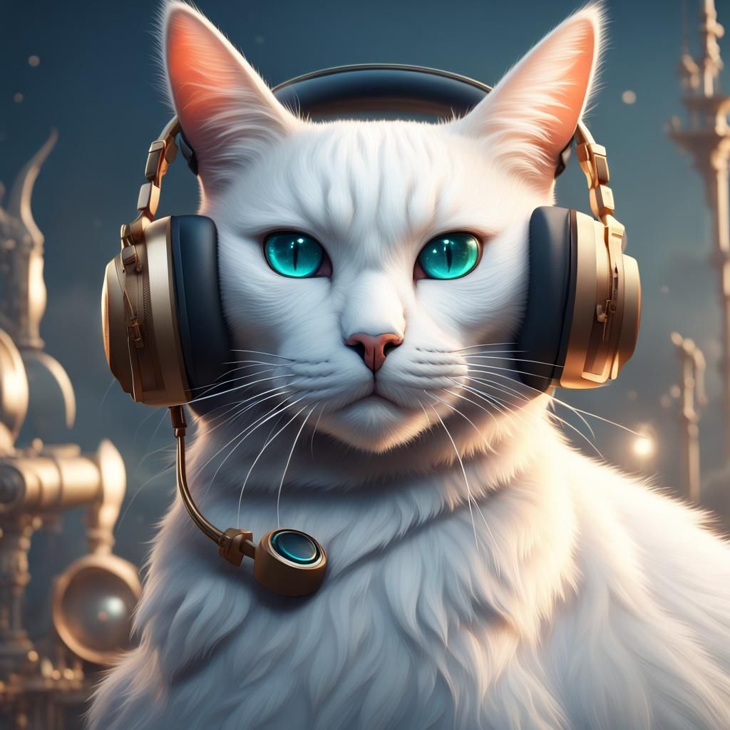 White Cat Listening to Music: Fantasy Art