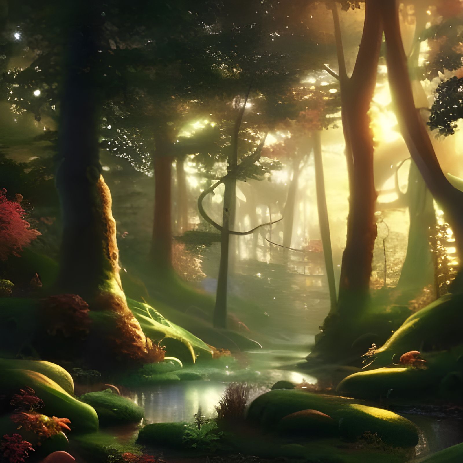 Magical Forest Sunrise with Luminous Mist