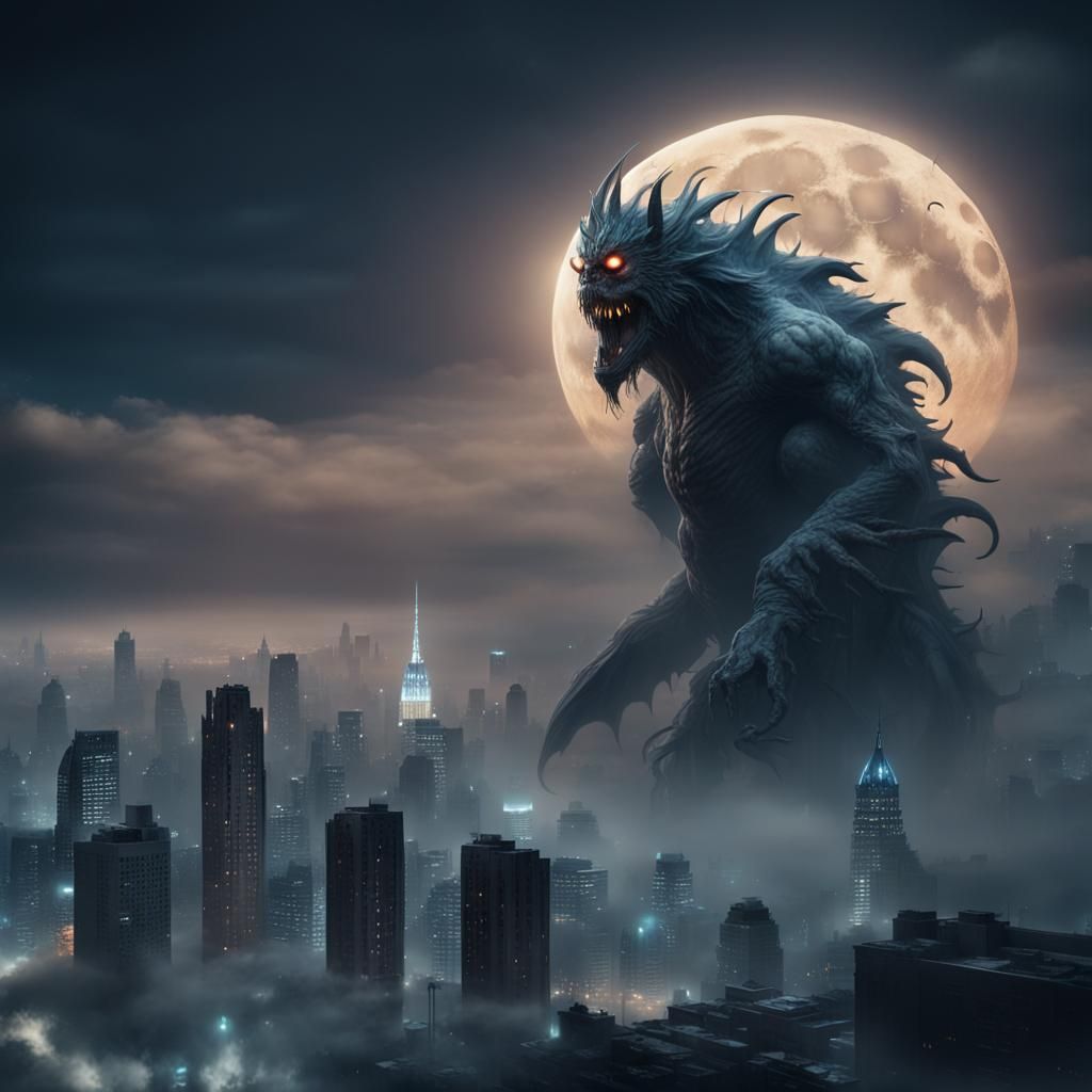Giant Monster Behind Foggy City in Fantasy Concept Art