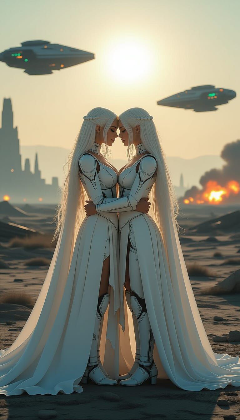 Cybernetic Women Embrace in Dystopian Future