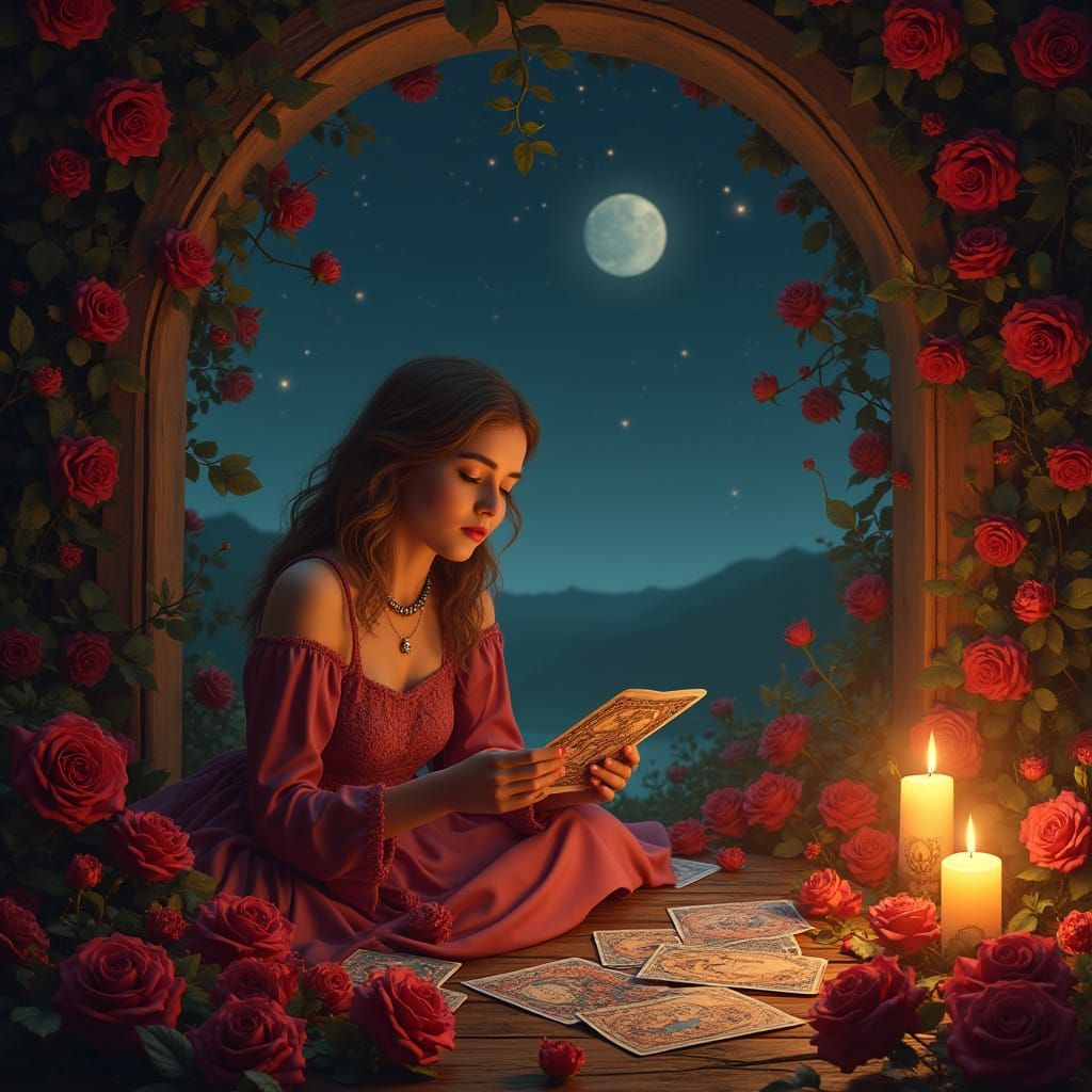 Whimsical Tarot Reader in a Starry Night Scene with Glowing ...