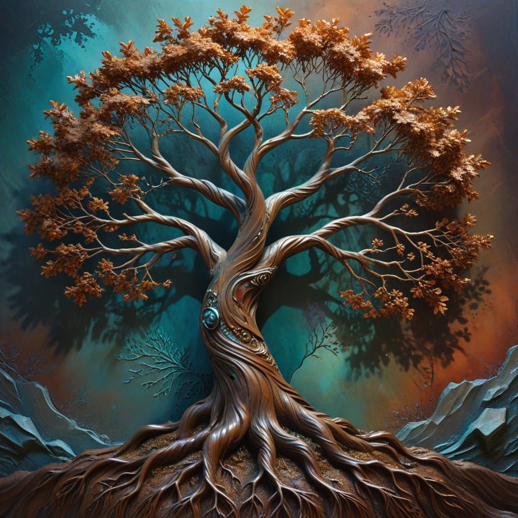 Vibrant Embossed World Tree in Metallic Style