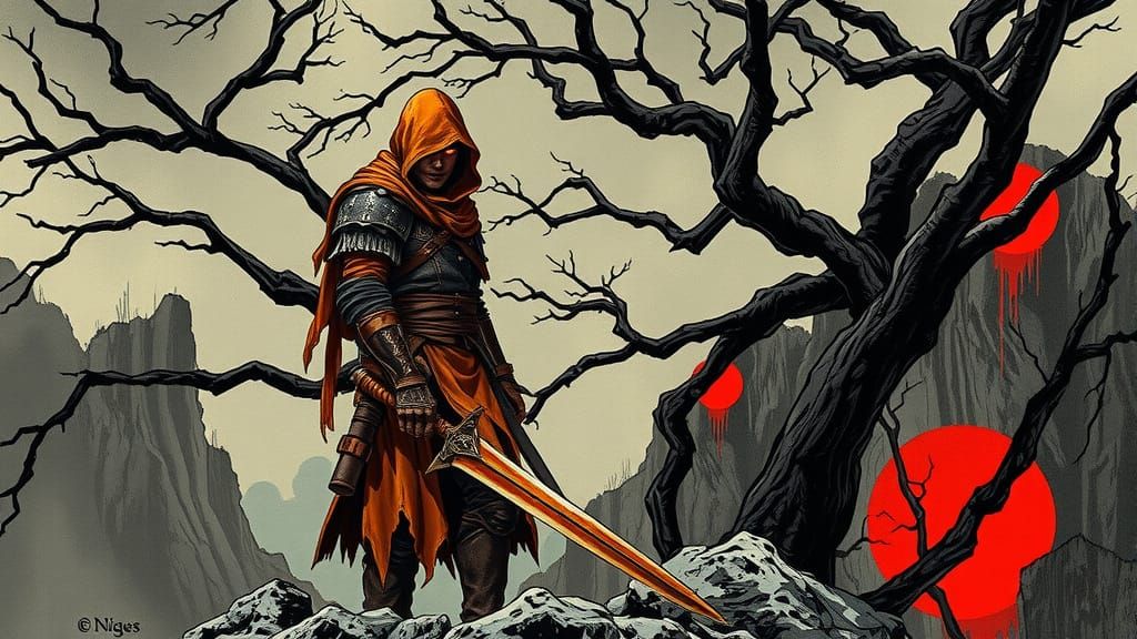 Lone Warrior on Cliffside in Dark Fantasy Style