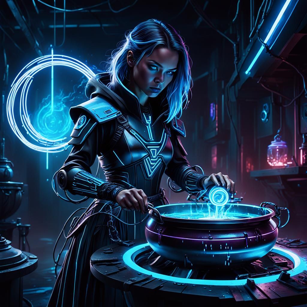 Cyberpunk Witch Brews Neon Potion in Dystopian City