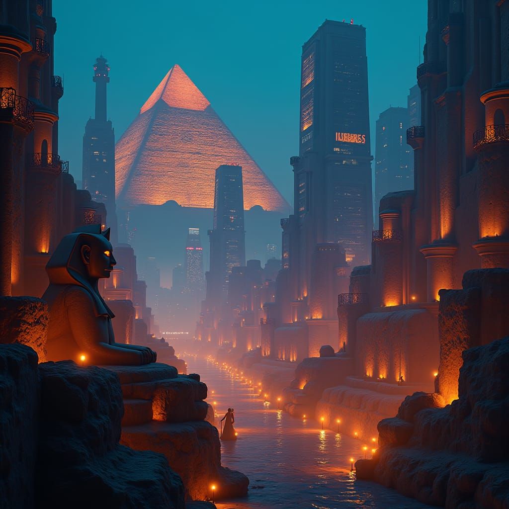 Cyberpunk Cityscape with Egyptian Elements in Blue and Orang...