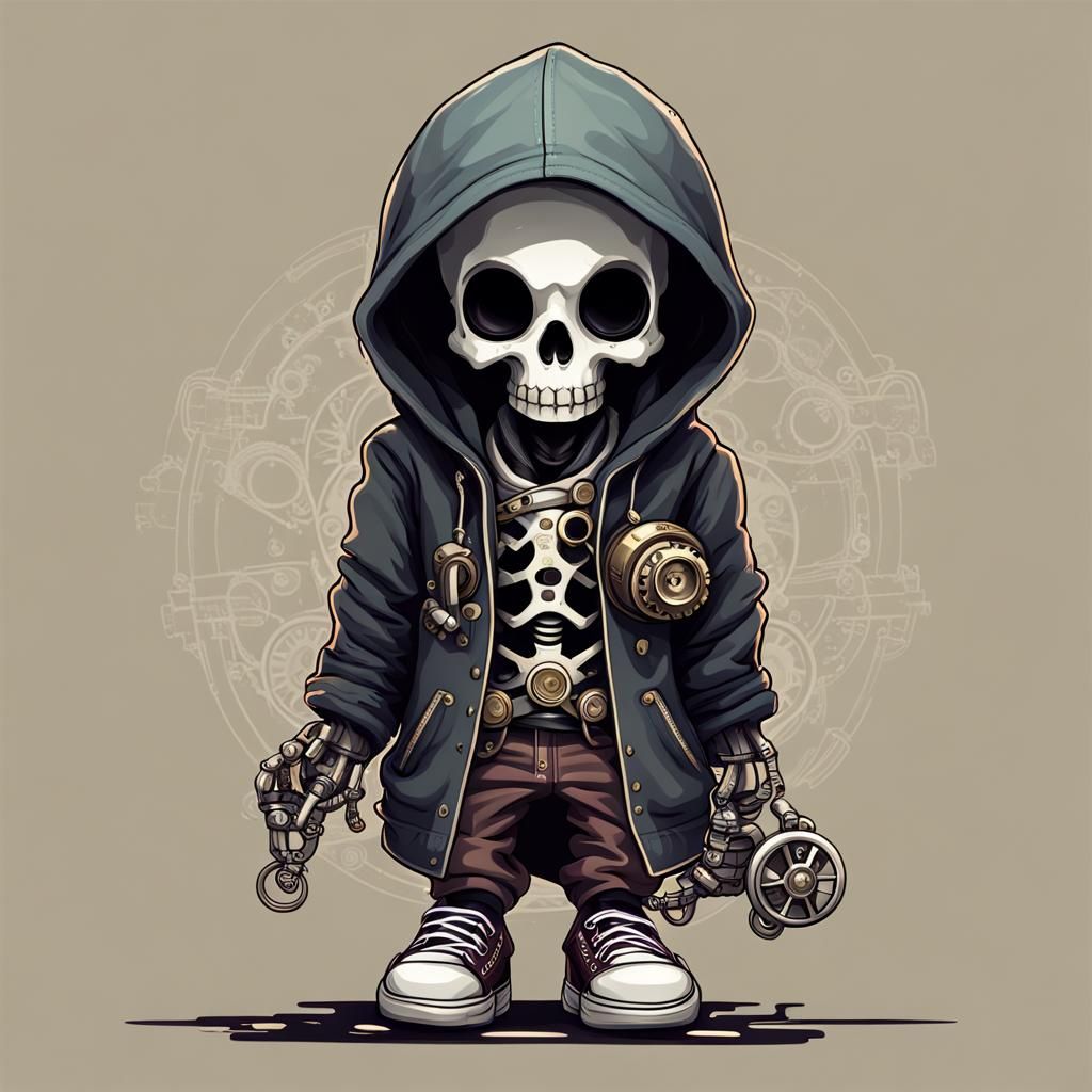 Chibi Skeleton in Hoodie with Steampunk Engine