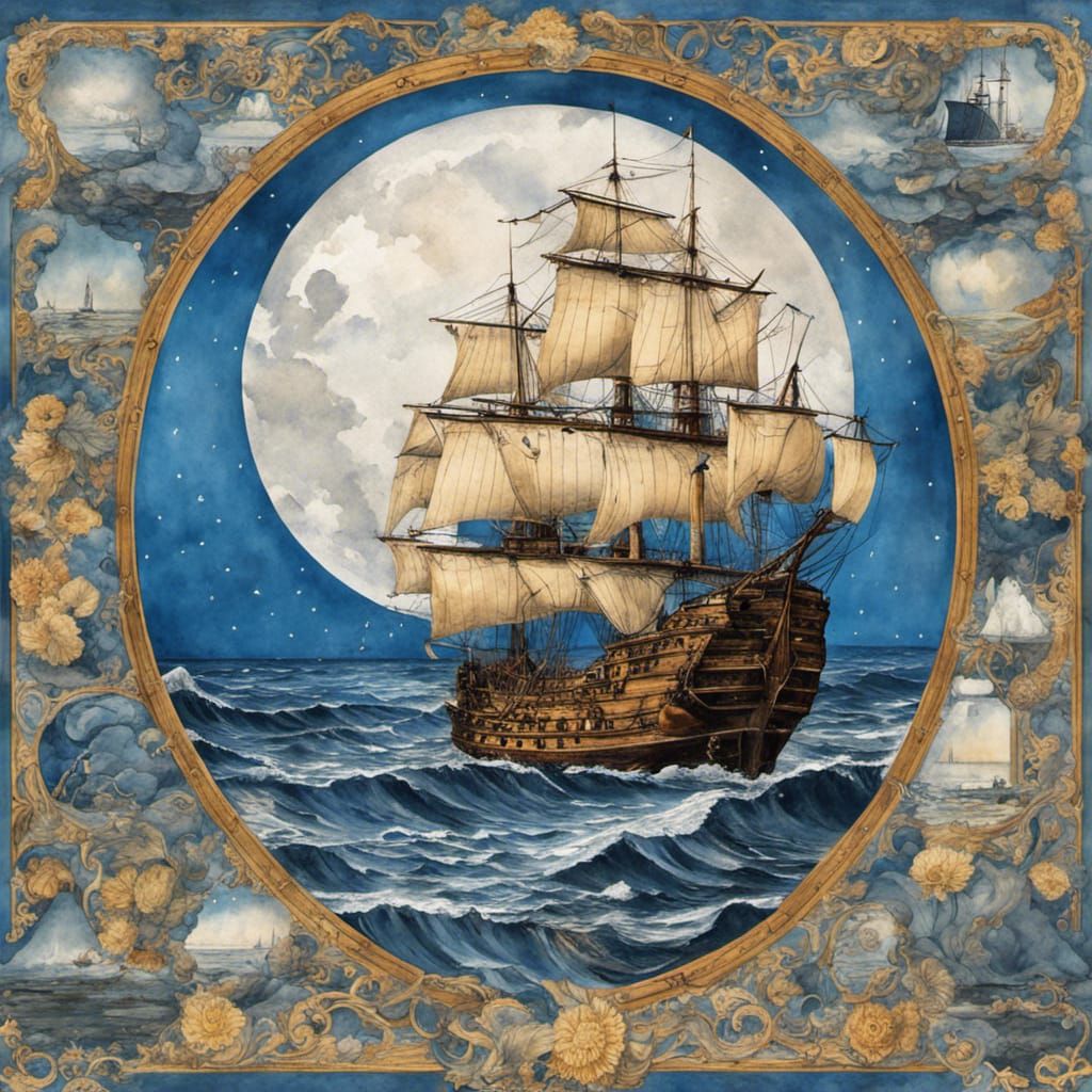 Surreal Nautical Dreamscape in Detailed Watercolor Style