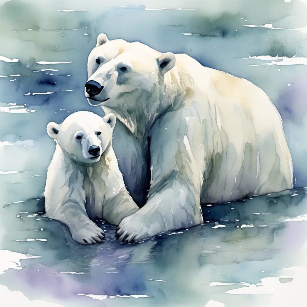 a mama polar bear embracing her cub in a bear hug while on a...