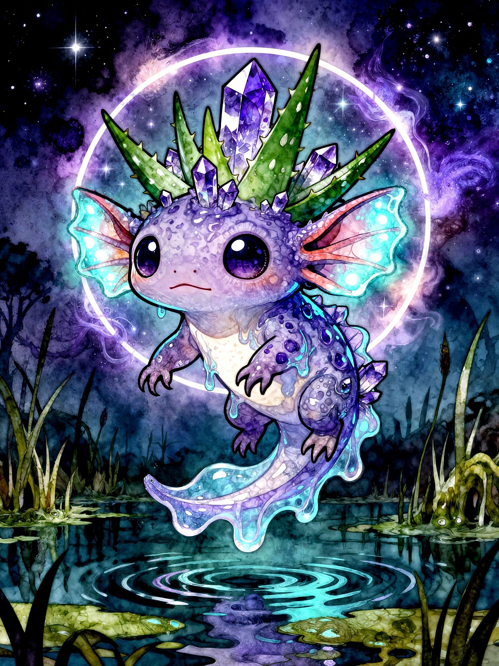 Amethyst Aloe Axolotl Creature in Watercolor Style