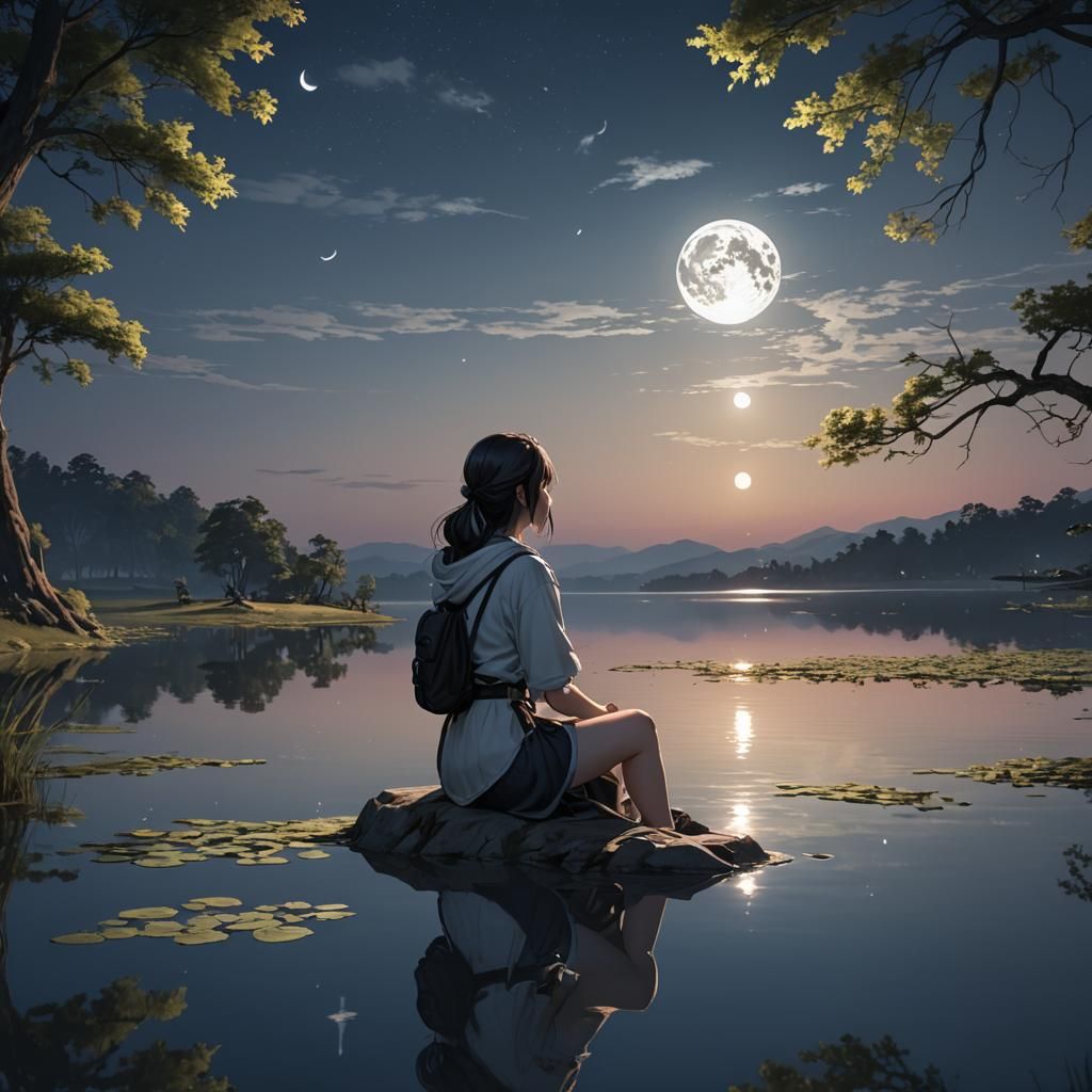 Girl Gazing at Moonlit Lake: Anime Style 3D Art